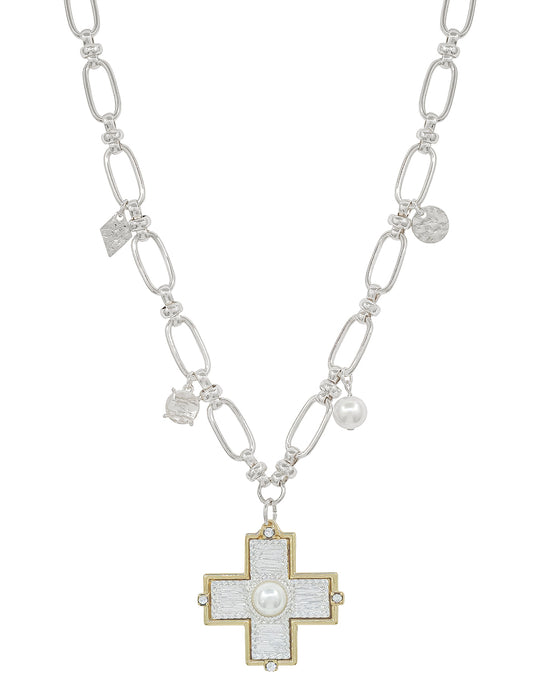 Silver Open Chain with Textured Cross with Pearl Charm 16"-18" Necklace