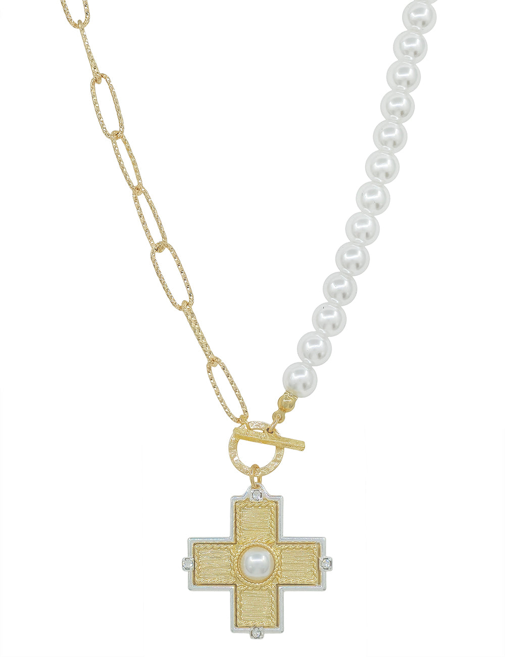 Gold Open Chain and Pearl with Textured Cross with Pearl Charm 16"-18" Necklace