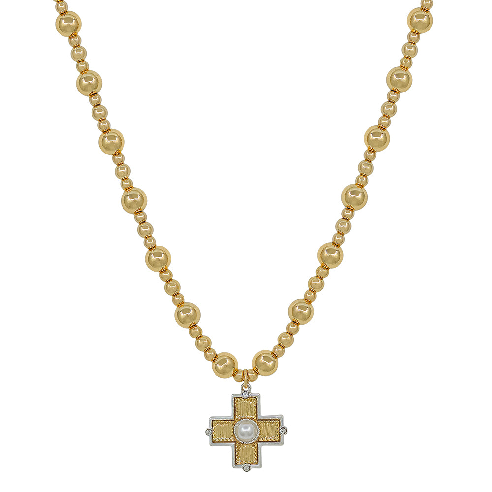 8MM Gold Beaded and Cross 16"-18" Necklace