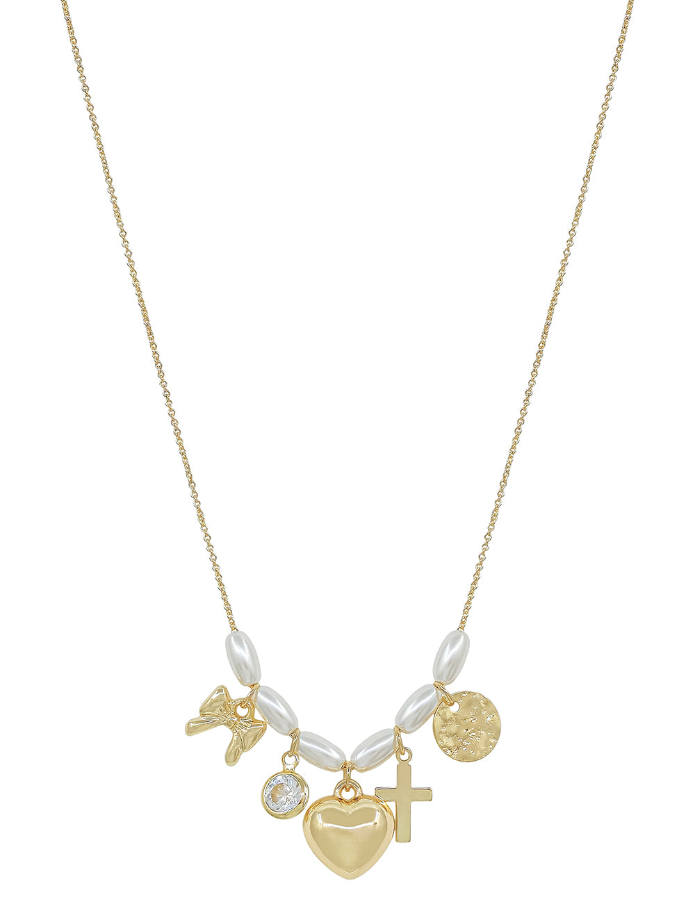 Oval Pearl Beaded with Puffy Heart, Bow, and Cross Charm 16"-18" Necklace
