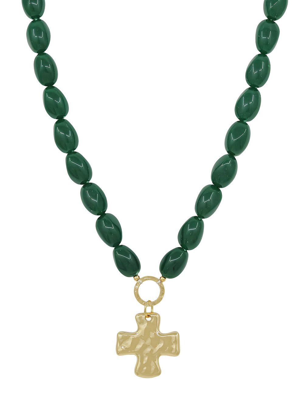 Emerald Green Resin Oval Beaded with Hammered Gold Cross 16"-18" Necklace