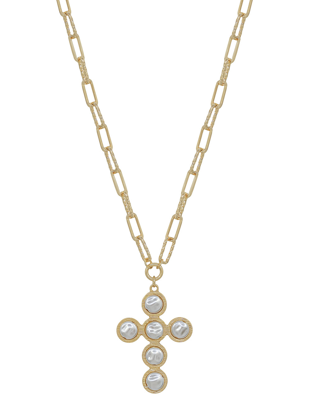 Gold Textured Chain with Pearl Flat Beaded Cross 16"-18" Necklace
