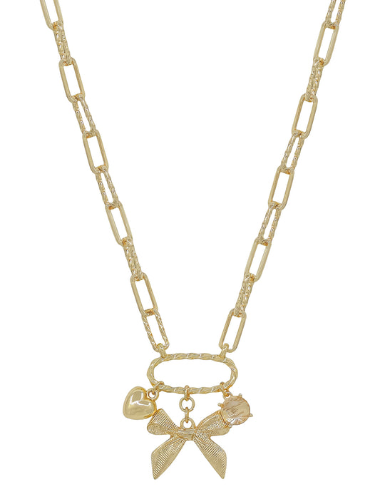 Gold Chain with Bow, Pearl and Coin Charms 16"-18" Necklace