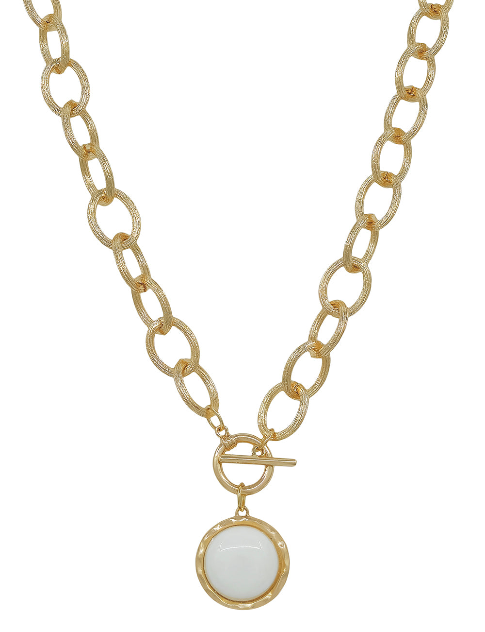 Gold Chunky Chain with White Circle Stone Charm 16"-18" Necklace