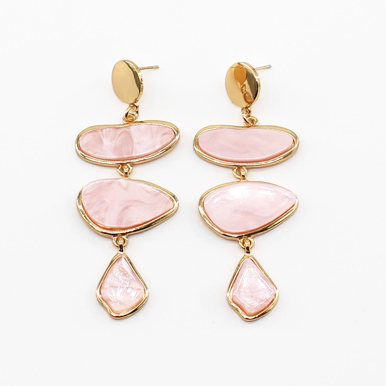 Gold Circle with Pink Pearlized Triple Drop Resin 2.5" Earring