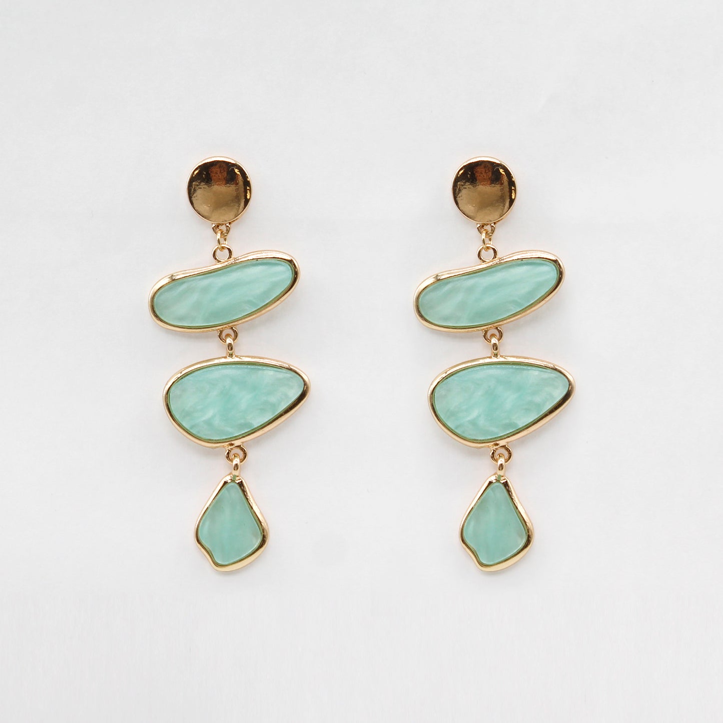 Gold Circle with Mint Pearlized Triple Drop Resin 2.5" Earring