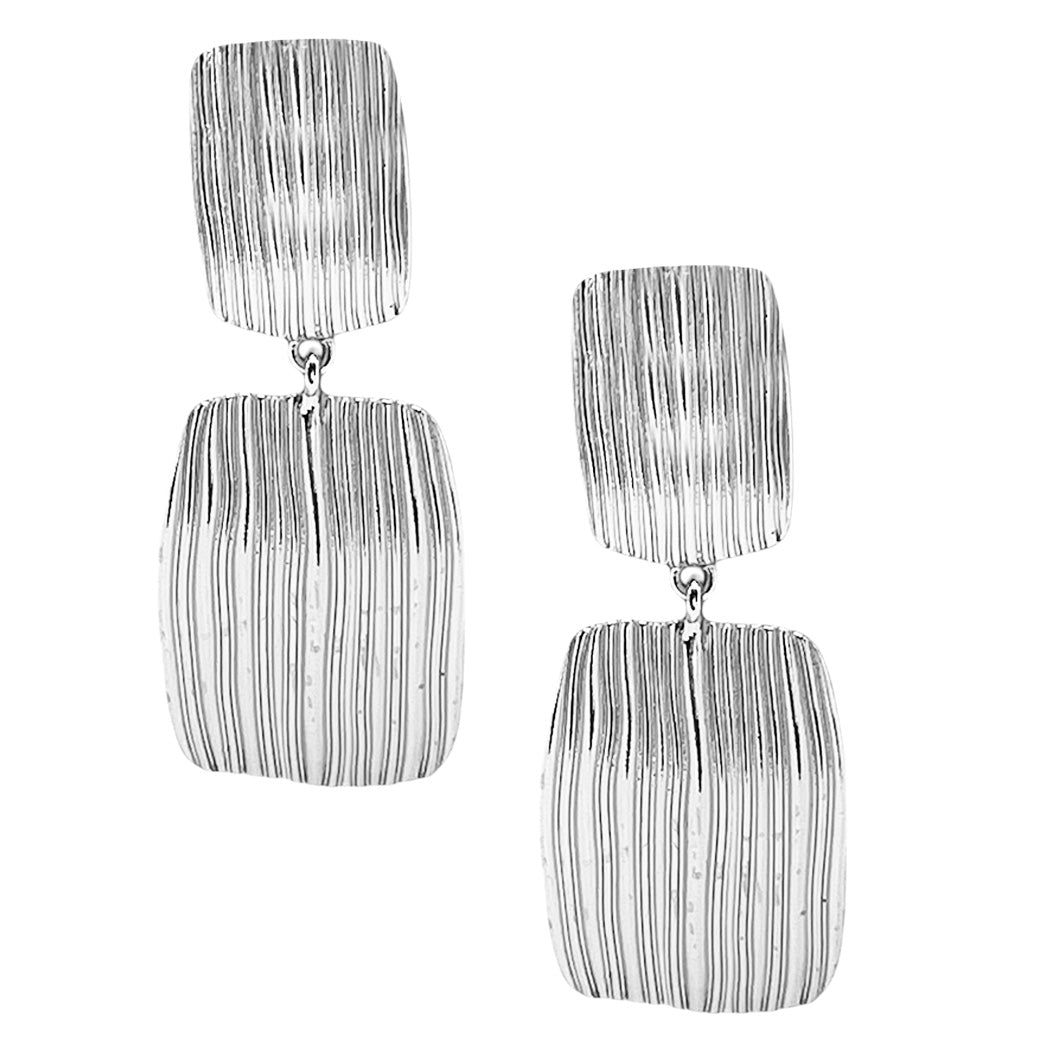 Ribbed Silver Rectangle Drop 2" Earring
