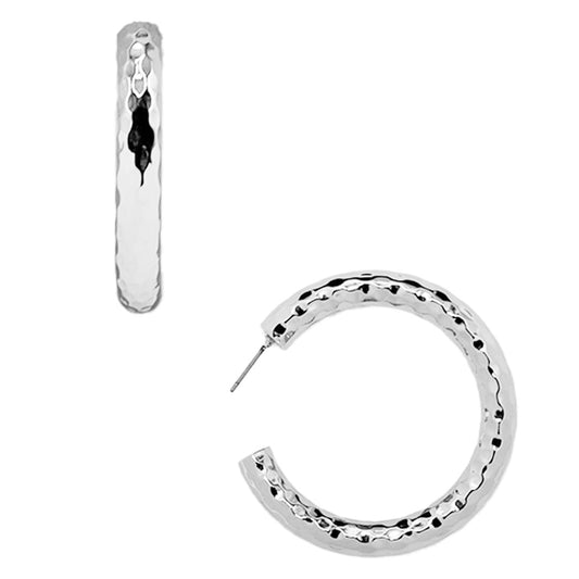 Shiny Silver Hammered 1.25" Hoop Earring