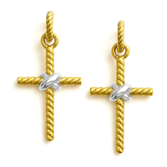 Twist Textured Gold Cross with Silver Accents 1.25" Earring