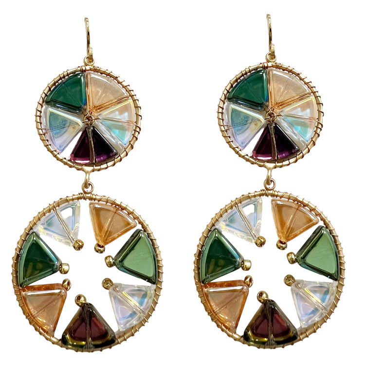 Multi Crystal and Gold Two Drop Circle 2.25" Earring
