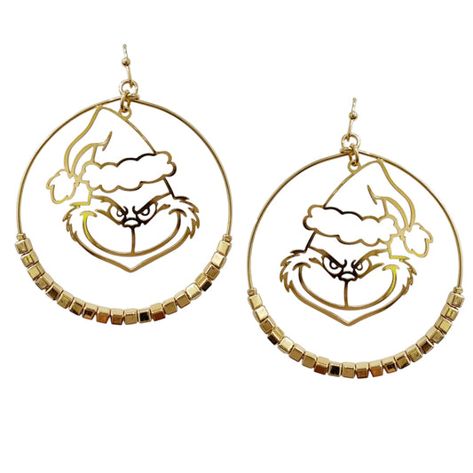 Gold Grinch Cutout Open Circle 2" Earring
