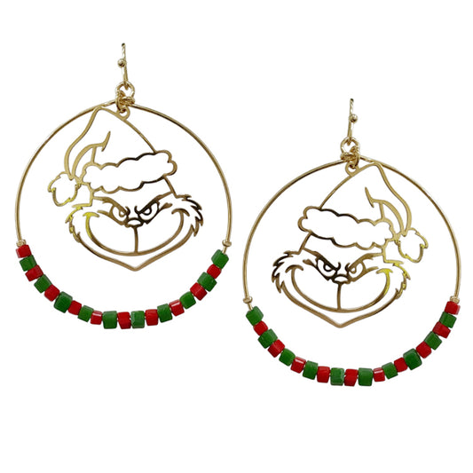 Gold Grinch Cutout with Multi Beaded Accent Open Circle 2" Earring