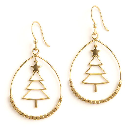 Gold Christmas Tree Cutout with Gold Beaded Accent Open Circle 2" Earring