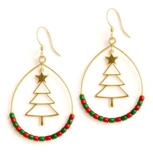Gold Christmas Tree Cutout with Multi Beaded Accent Open Circle 2" Earring