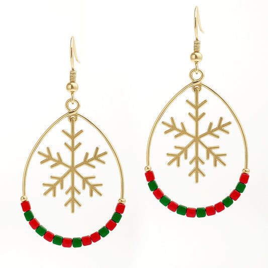 Gold Snowflake Cutout with Multi Beaded Accent Open Circle 2" Earring