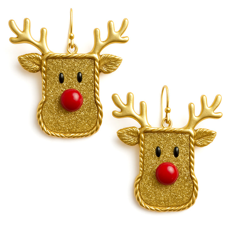 Gold Glitter Metal Reindeer 1.5" Earring