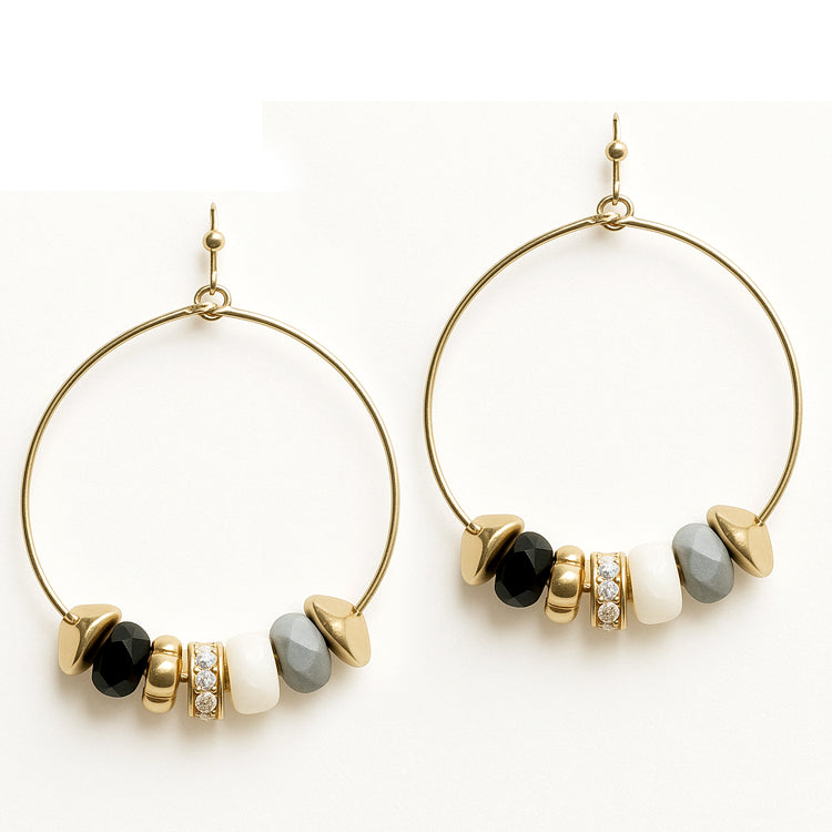 Grey, Black, White Stones with Gold Details 1.75" Hoop Earring