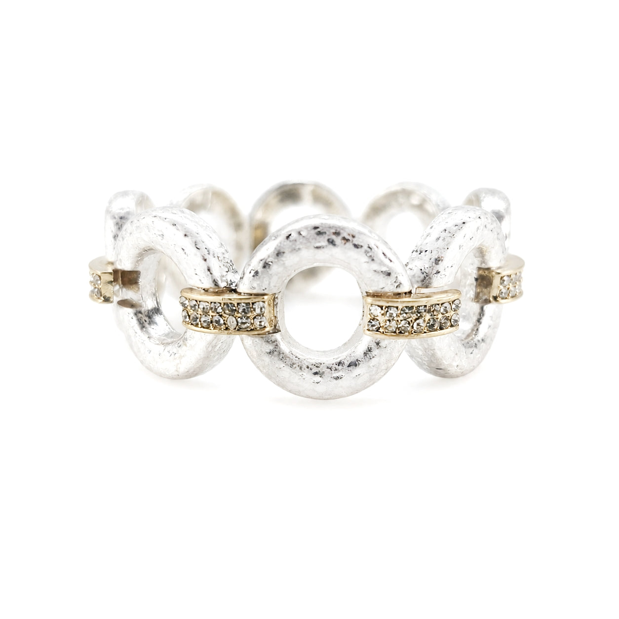 Worn Silver Textured Open Circle with Rhinestone Gold Bar Stretch Bracelet
