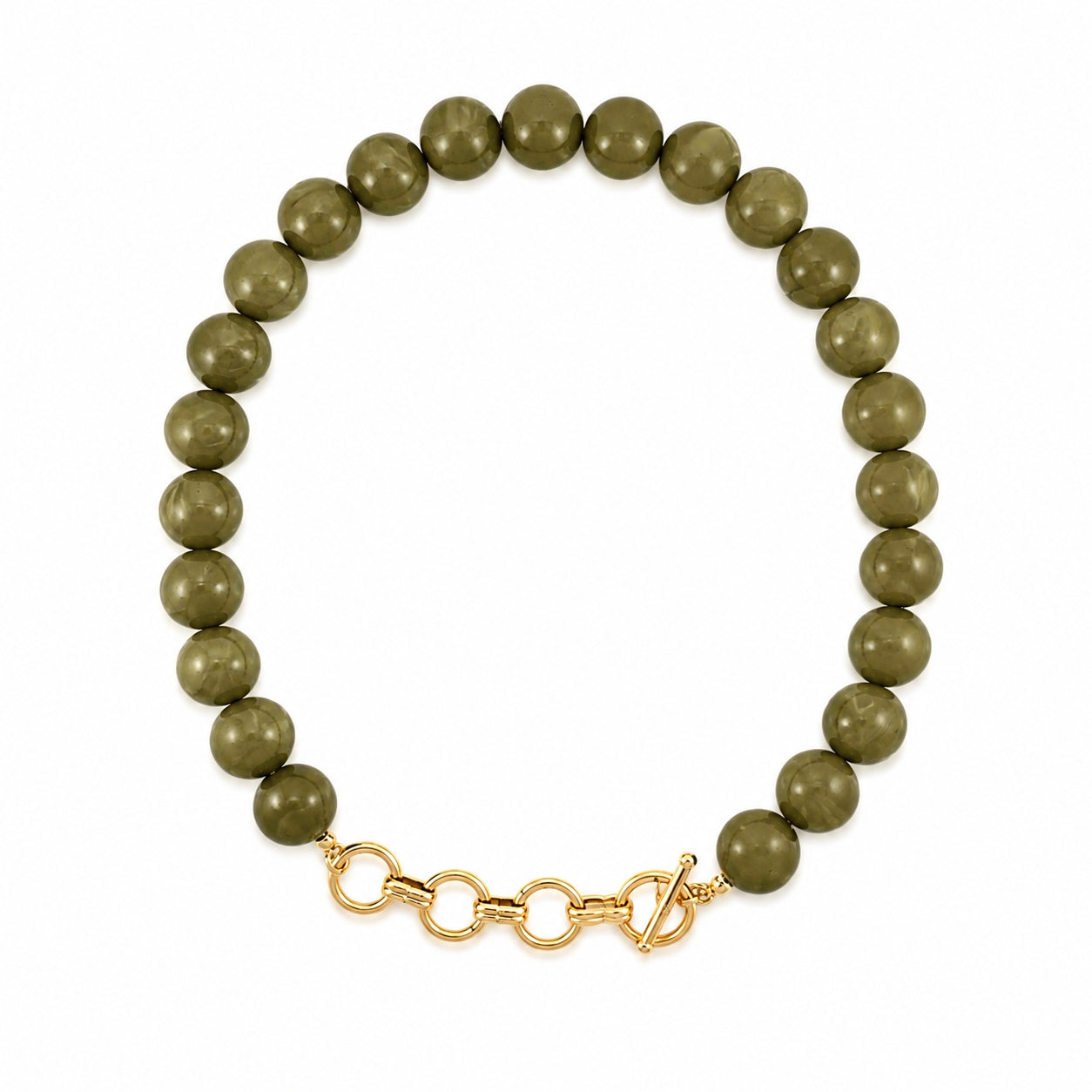 Green 14MM Beaded Necklace with Gold Chain Toggle 18" Necklace