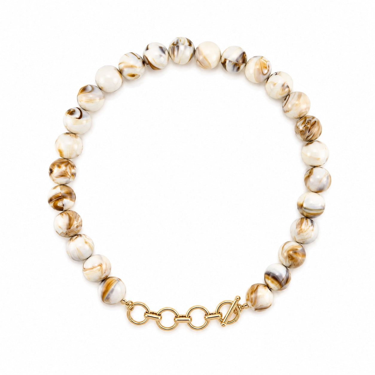 Natural 14MM Beaded Necklace with Gold Chain Toggle 18" Necklace