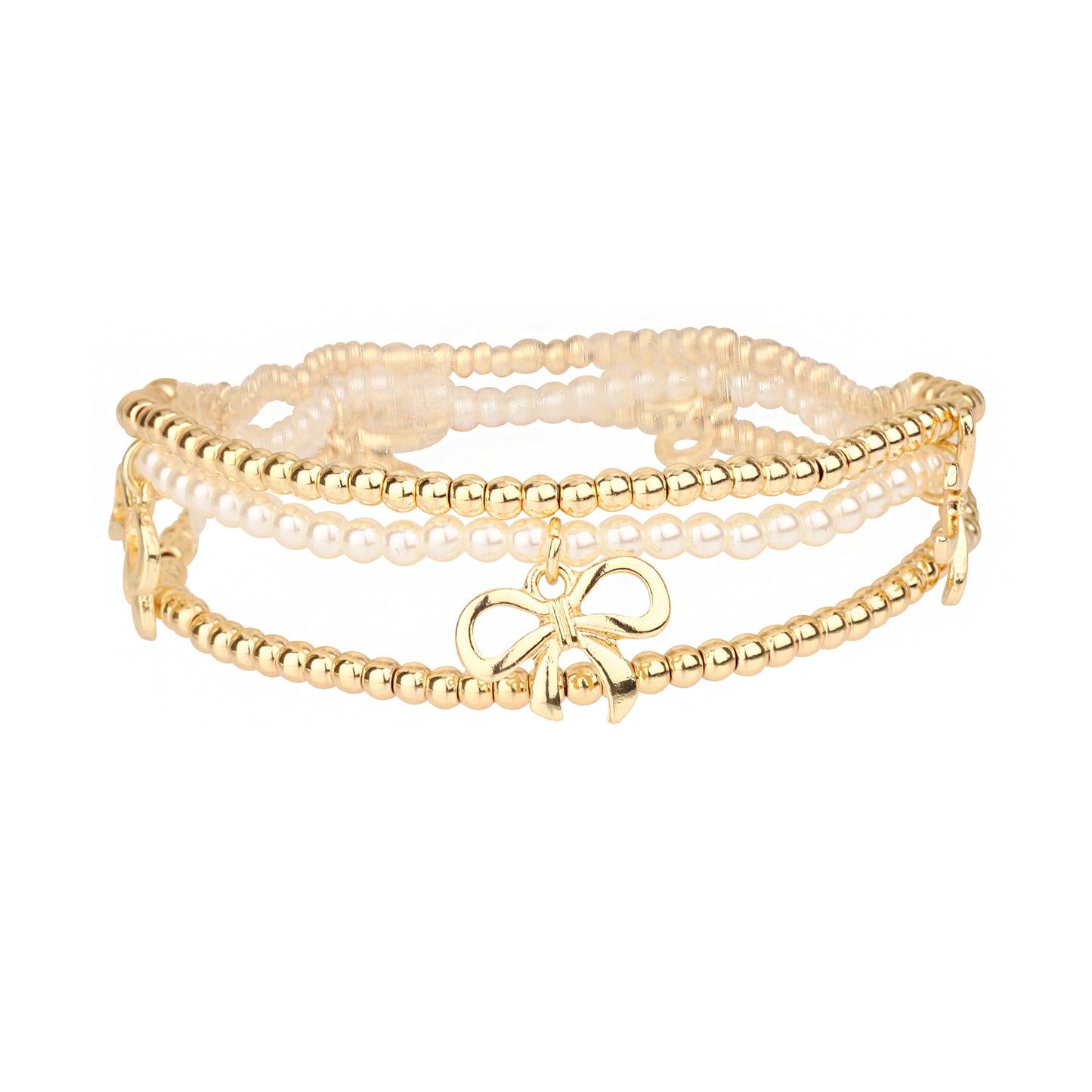 Set of 3 Gold Beaded and Pearl with Gold Bow Charm Stretch Bracelet