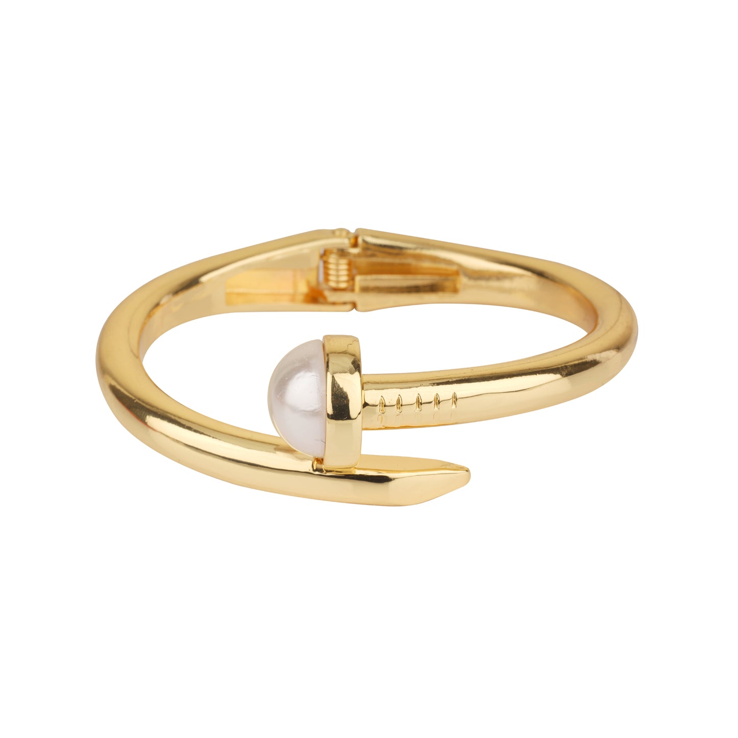 Gold Hinged Bracelet with Pearl Accents at the End