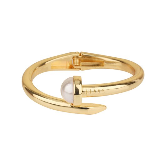 Gold Hinged Bracelet with Pearl Accents at the End