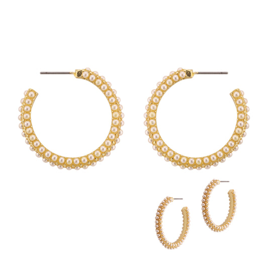 Gold and Pearl Textured 1" Hoop Earring