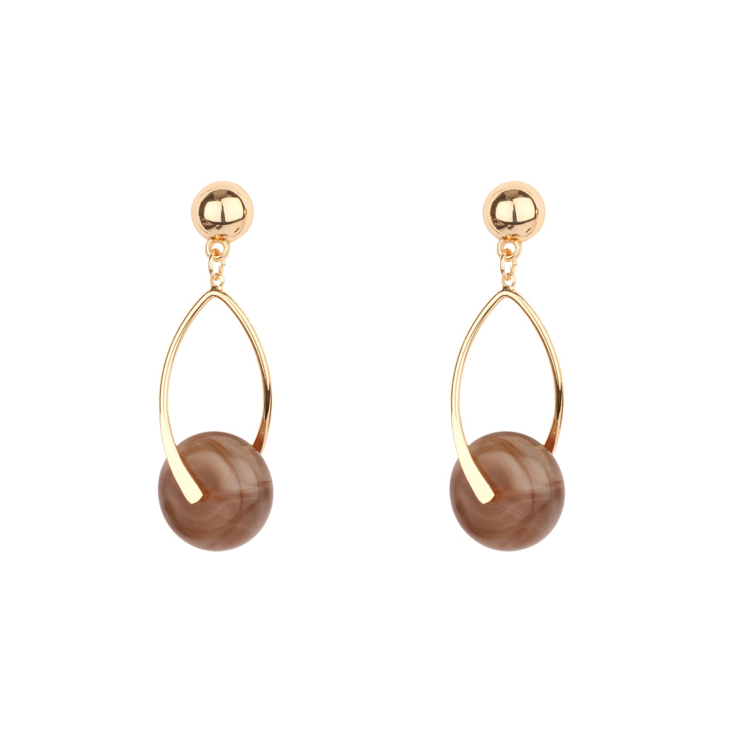 Gold Open Metal Drop with Brown Natural Stone Circle Accent 1" Earring