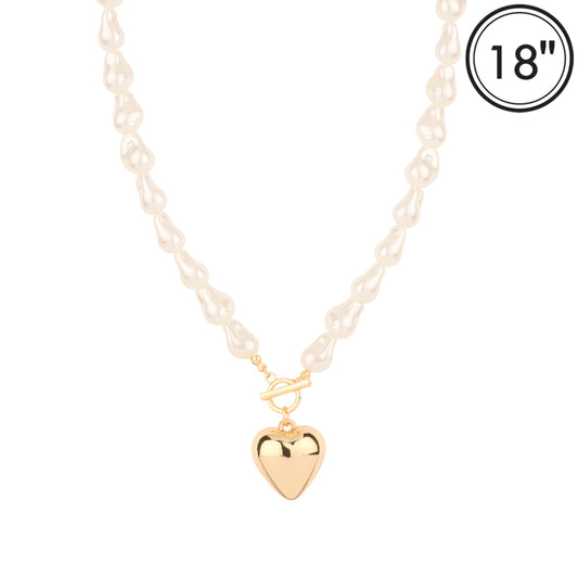 Freshwater Pearl Chain with Gold Puffy Heart 16"-18" Necklace