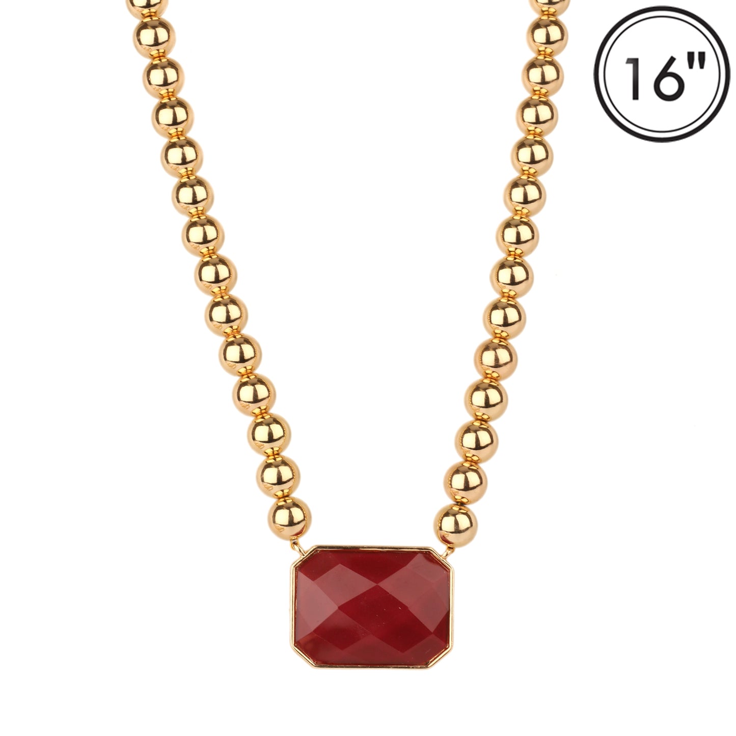 8MM Gold Ball with Maroon Rectangle 1.5" Stone 16"-18" Necklace