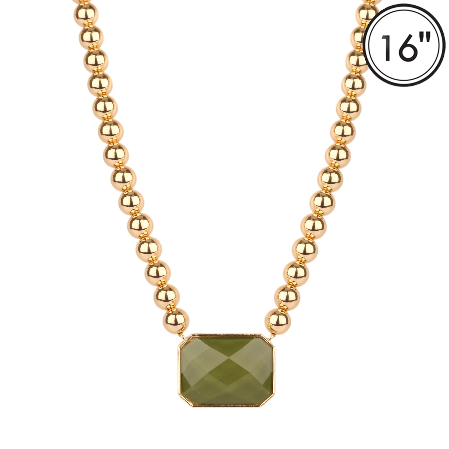 8MM Gold Ball with Olive Rectangle 1.5" Stone 16"-18" Necklace