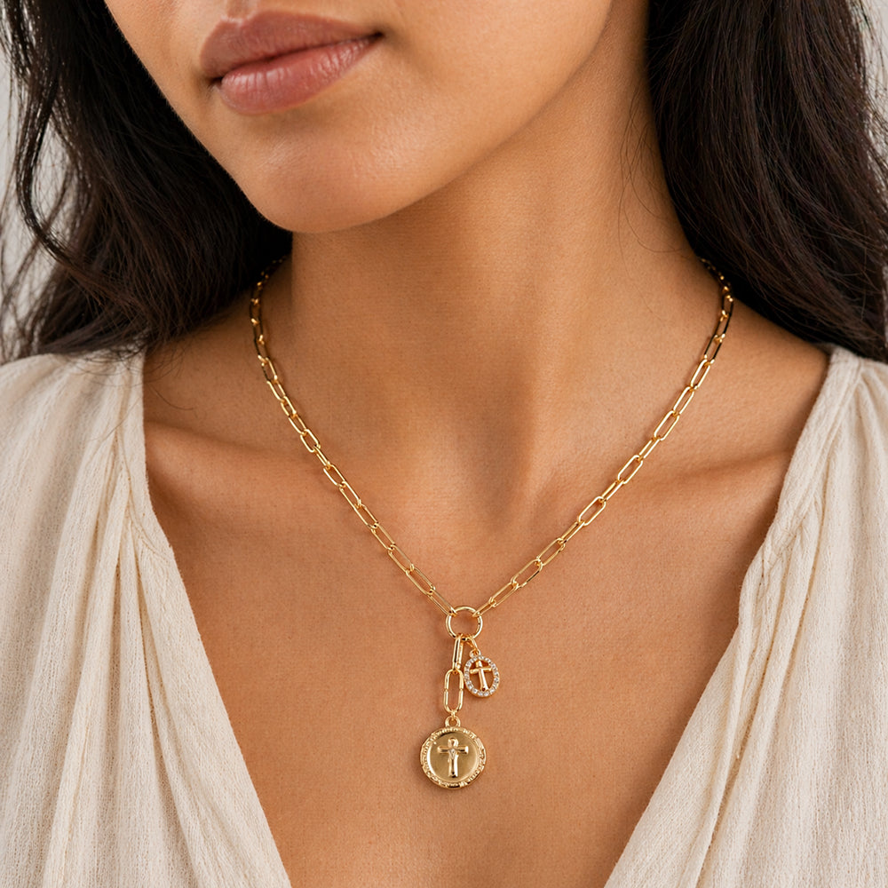 Two Disk Cross CZ Necklace 16"-18" Necklace