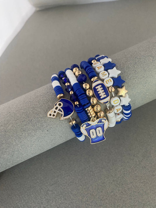 Gameday Blue and White Set of 7 Football Stretch Bracelets