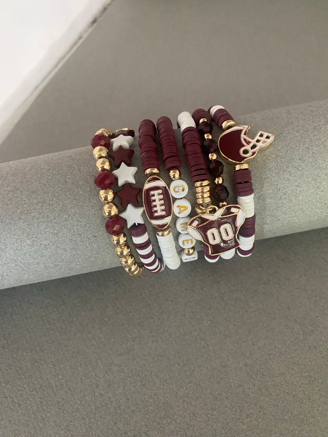 Gameday Maroon and White Set of 7 Football Stretch Bracelets