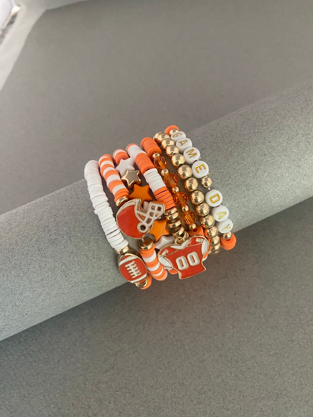 Gameday Orange and White Set of 7 Football Stretch Bracelets