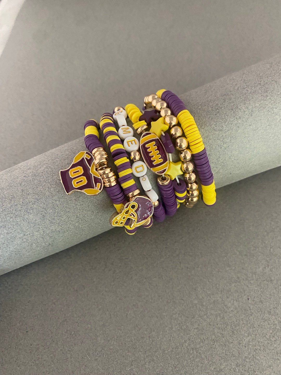 Gameday Purple and Yellow Set of 7 Football Stretch Bracelets