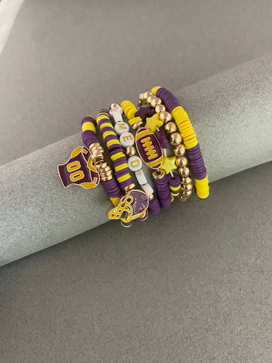 Gameday Purple and Yellow Set of 7 Football Stretch Bracelets