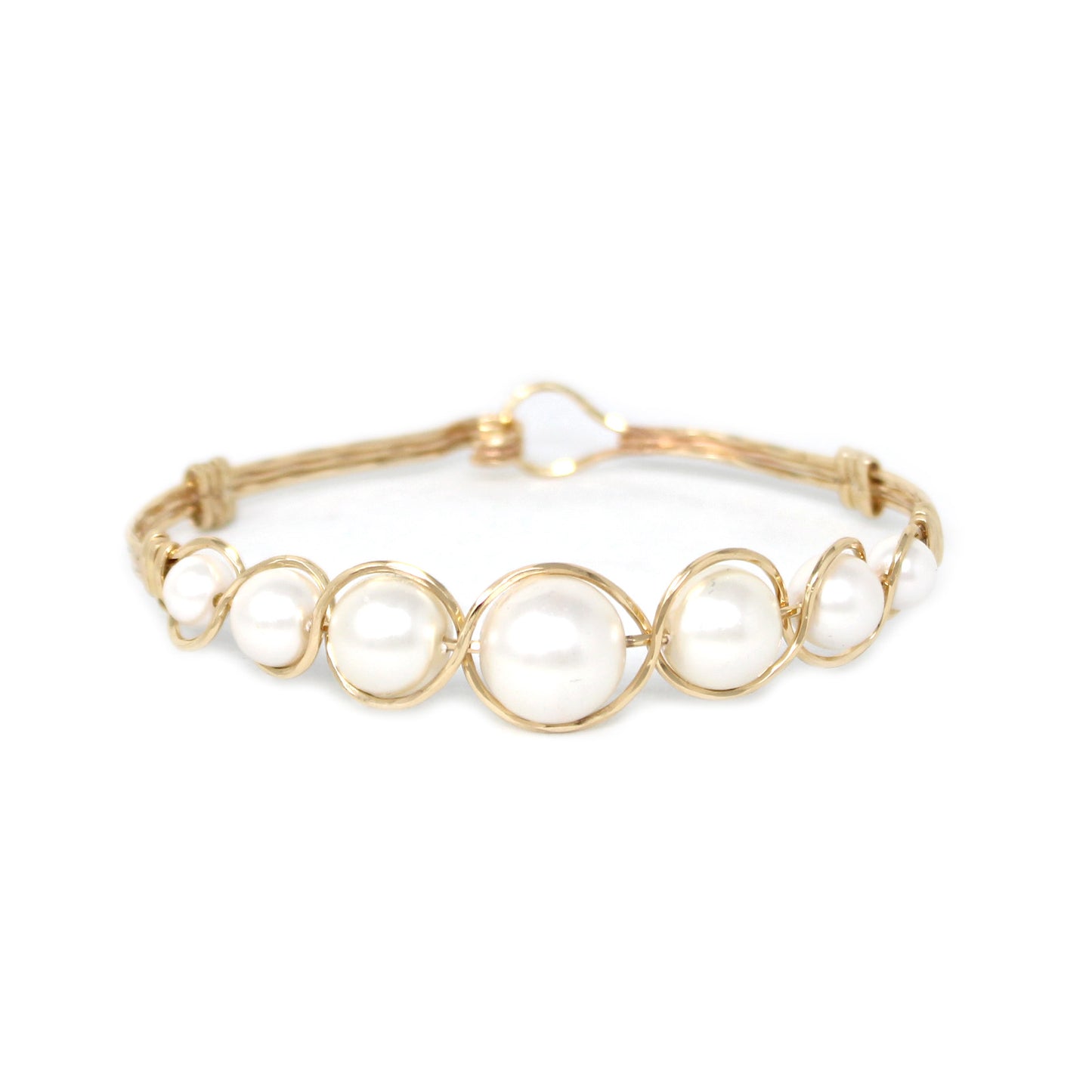 Gold Wire Wrapped with Graduated Pearl Hinged Bracelet