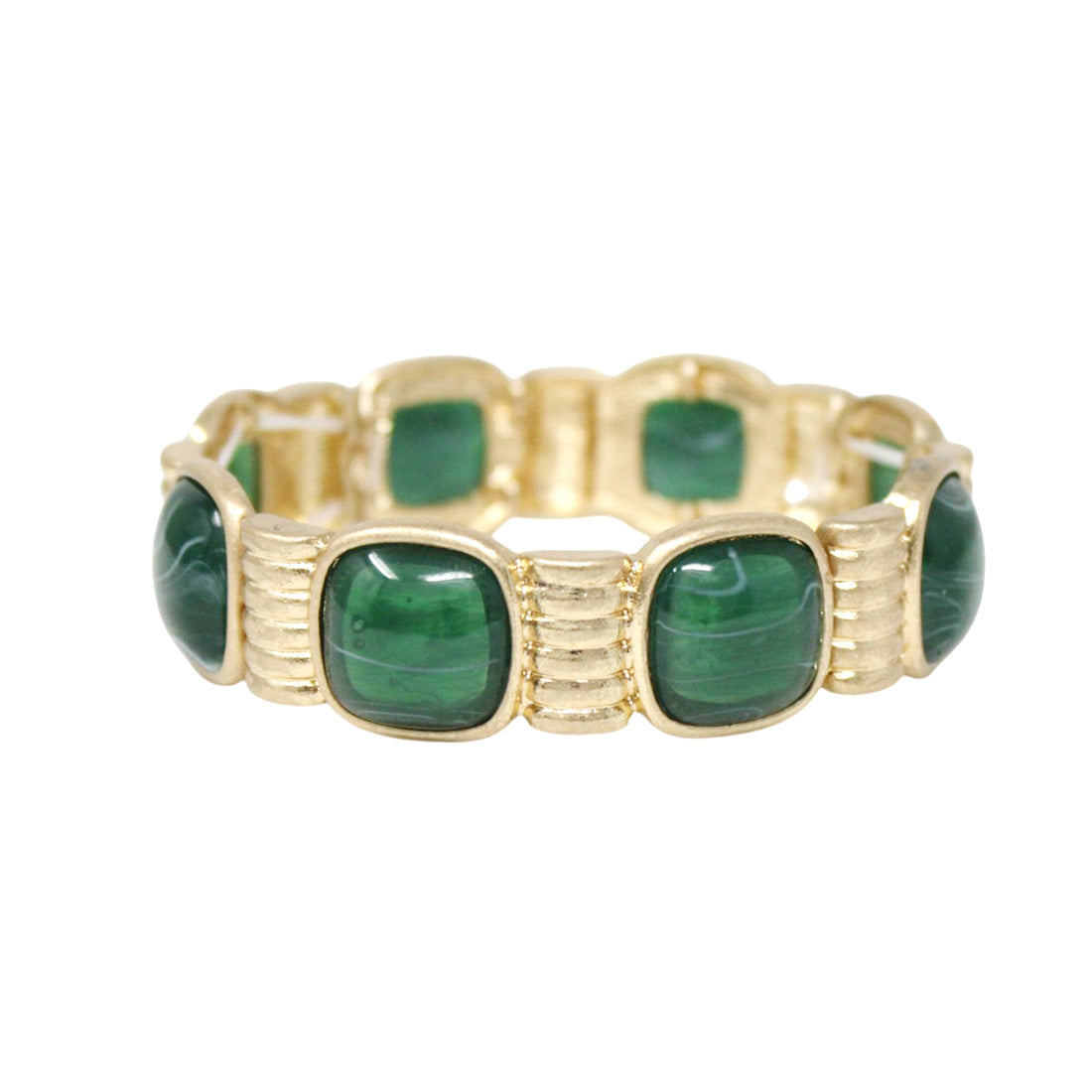 Hammered Gold with Green Square Stone Accents Stretch Bracelet