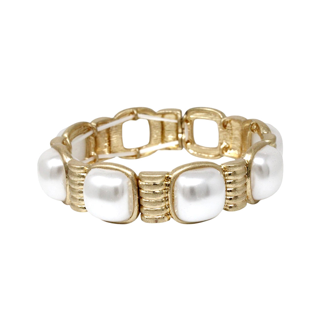 Hammered Gold with Pearl Square Stone Accents Stretch Bracelet