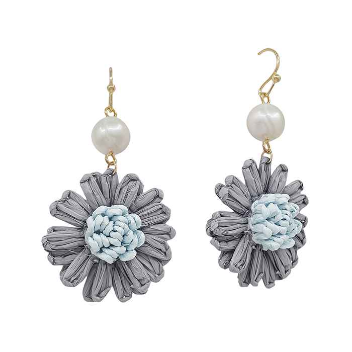 Gold Drop with Pearl and Grey Paper Flower 1.5" Earring