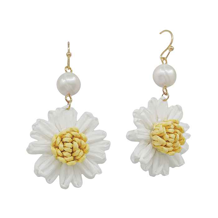 Gold Drop with Pearl and White and Yellow Paper Flower 1.5" Earring