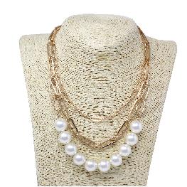 Gold Triple Layered Paper Clip Chain and Pearl 16"-18" Necklace