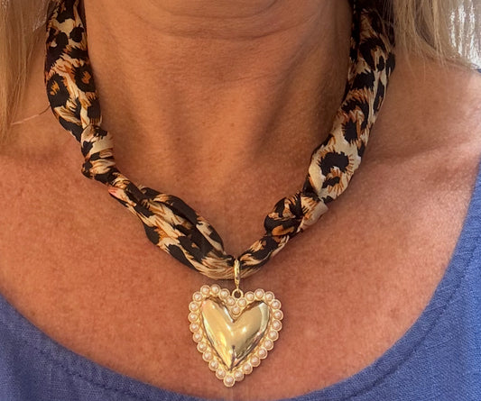 Cheetah Print Knotted Scarf Necklace with Pearl and Gold Heart Charm