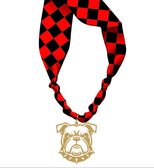 Red and Black Gameday Scarf Necklace with Gold Bulldog Charm,  VERY POPULAR!