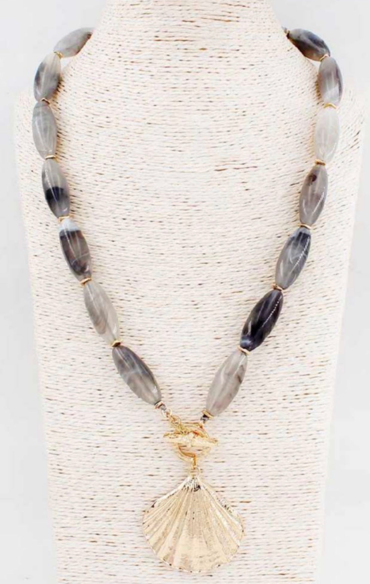 Grey Oval Acrylic Beaded with Large Textured Shell Charm 16"-18" Necklace