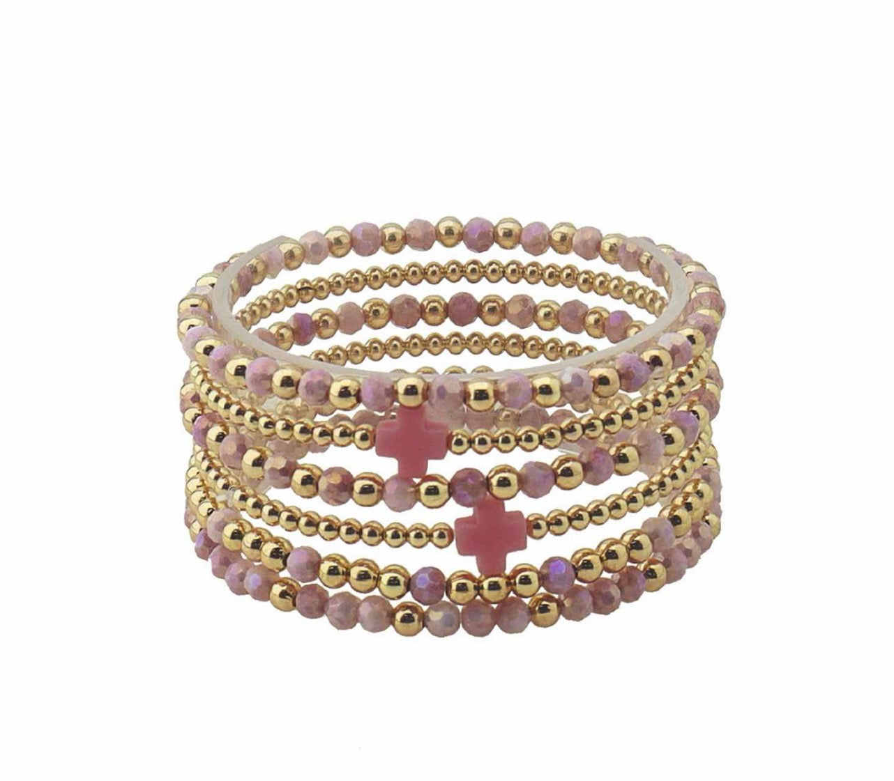 Set of 5 Gold and Dark Pink Crystal with Cross Stretch Bracelets (Copy)