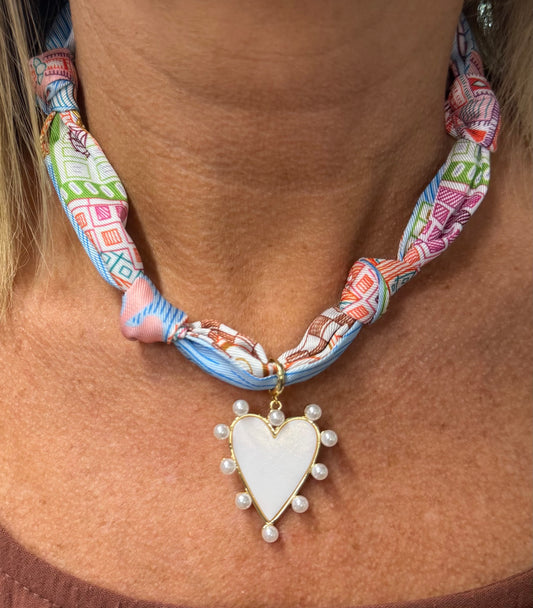 Blue and Pink Knotted Scarf Necklace with Pearlized Heart Charm