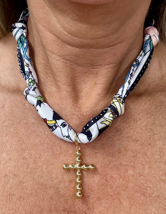 Navy and White Knotted Scarf with Bubble Cross Removable Charm